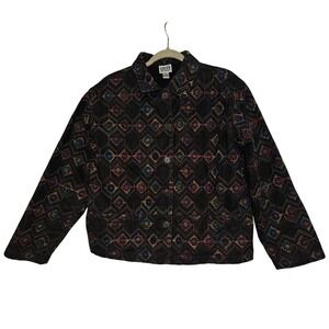 Chicos Design Womens Black Denim Jacket Embroidered Geometric Floral Cotton Sz 2